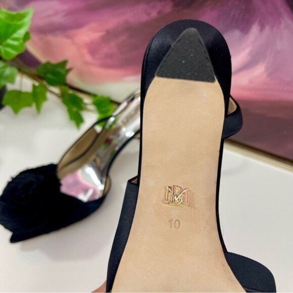 Badgley Mischka Blaire Pleated Satin Slingback Heels with Floral Detail Black 10 - Picture 9 of 11